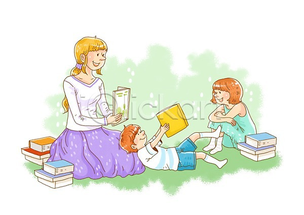 남자 사람 성인 세명 소녀(어린이) 소년 어린이 여자 PSD 일러스트 교사 교육 눕기 독서 미소(표정) 앉기 어린이교육 웃음 지도 책