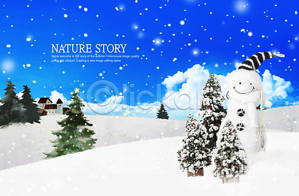 사람없음 PSD 편집이미지 건물 겨울 계절 구름(자연) 나무 눈(날씨) 눈사람 백그라운드 사계절 설원 식물 자연 주택 크리스마스 크리스마스트리 털모자 풍경(경치) 하늘