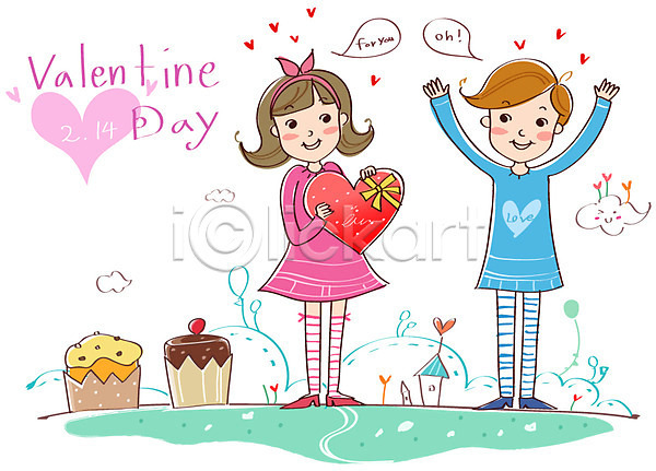 사랑 남자 두명 사람 성인 성인만 여자 EPS 일러스트 구름(자연) 데이이벤트 미소(표정) 발렌타인데이 서기 선물 웃음 이벤트 전신 초콜릿 커플 컵케이크 프로포즈 하트