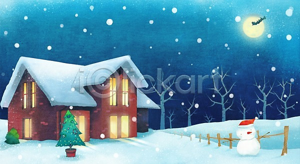 따뜻함 사람없음 PSD 일러스트 겨울 겨울배경 기념일 나무 눈(날씨) 눈사람 달 백그라운드 울타리 주택 크리스마스 크리스마스트리