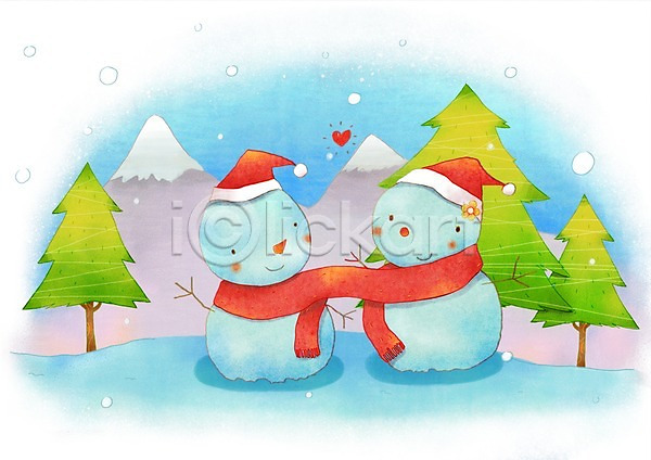 따뜻함 사람없음 PSD 일러스트 기념일 나무 눈(날씨) 눈사람 목도리 백그라운드 산 산타모자 크리스마스