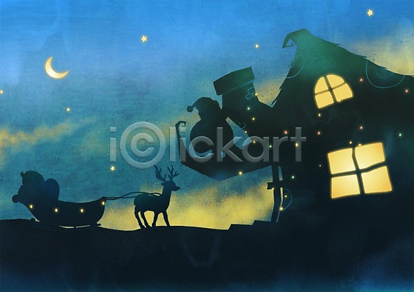 따뜻함 한명 PSD 실루엣 일러스트 굴뚝 그림자 기념일 달 루돌프 백그라운드 별 사슴 산타클로스 썰매 주택 창문 크리스마스 하늘
