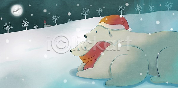 따뜻함 사람없음 PSD 일러스트 겨울 겨울배경 곰 기념일 나무 눈(날씨) 달 동물 두마리 목도리 백그라운드 북극곰 산타모자 썰매 크리스마스