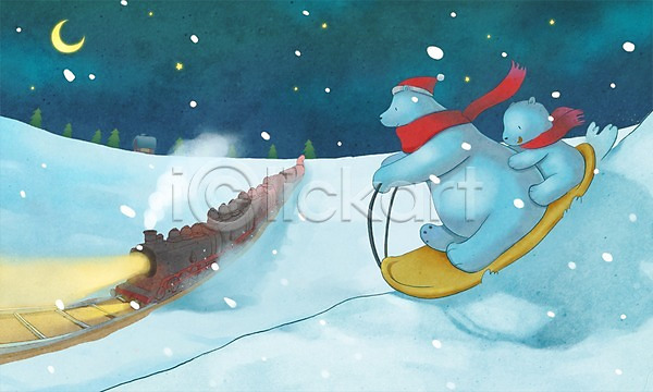 따뜻함 사람없음 PSD 일러스트 겨울 겨울배경 곰 기념일 기차 나무 눈(날씨) 달 동물 두마리 백그라운드 별 북극곰 썰매 주택 크리스마스 포유류