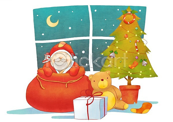 따뜻함 한명 PSD 일러스트 곰인형 기념일 달 백그라운드 별 산타클로스 선물 선물상자 양말 창문 크리스마스 크리스마스트리