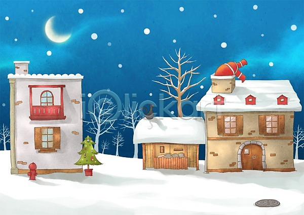 따뜻함 한명 PSD 일러스트 건물 겨울 겨울배경 굴뚝 기념일 나무 눈(날씨) 달 맨홀뚜껑 백그라운드 별 산타클로스 주택 지붕 크리스마스 크리스마스트리 하늘