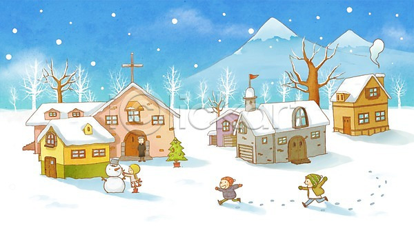 따뜻함 사람 어린이 어린이만 여러명 PSD 일러스트 건물 겨울 겨울배경 교회 기념일 나무 눈(날씨) 눈사람 다수 발자국 백그라운드 산 신부(직업) 주택 크리스마스