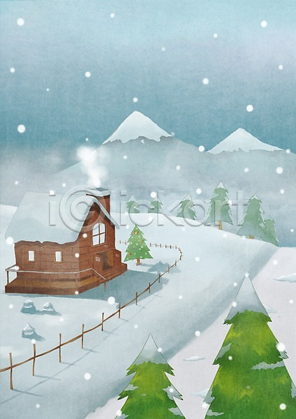 따뜻함 사람없음 PSD 일러스트 겨울 겨울배경 기념일 길 나무 눈(날씨) 백그라운드 산 울타리 주택 크리스마스 크리스마스트리