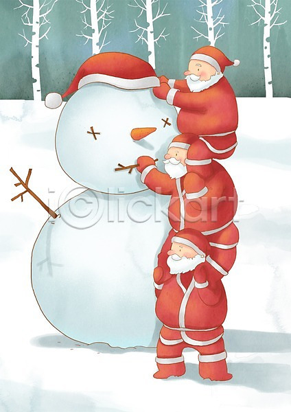 따뜻함 남자만 노인남자만 노인만 사람 성인 성인남자만 성인만 세명 PSD 일러스트 겨울 겨울배경 기념일 나무 눈(날씨) 눈사람 목말 백그라운드 산타클로스 크리스마스 할아버지