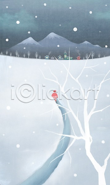 따뜻함 사람 한명 PSD 일러스트 겨울 겨울배경 기념일 나무 눈(날씨) 눈길 백그라운드 산 산타클로스 주택 크리스마스