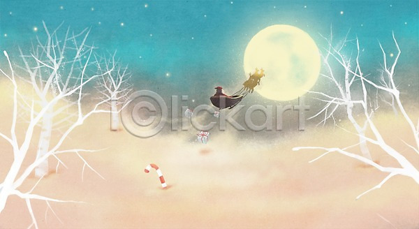 따뜻함 PSD 일러스트 구름(자연) 기념일 나무 달 루돌프 백그라운드 보름달 사슴 산타클로스 선물 썰매 크리스마스 하늘