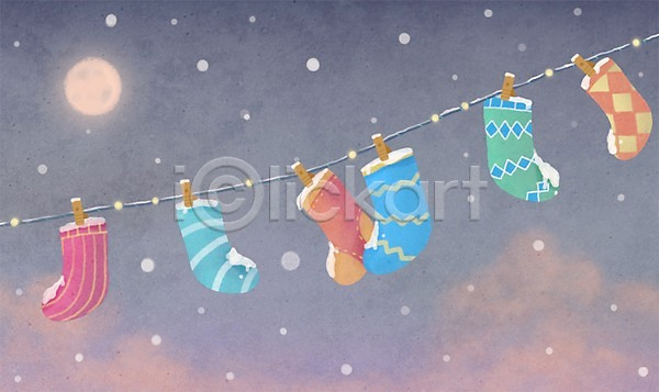 따뜻함 사람없음 PSD 일러스트 겨울 겨울배경 구름(자연) 기념일 눈(날씨) 달 백그라운드 빨래집게 빨랫줄 양말 크리스마스 하늘