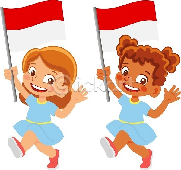 두명 소녀(어린이) 소녀만 어린이 여자 EPS 일러스트 해외이미지 국기 들기 인도네시아 전신 해외202009
