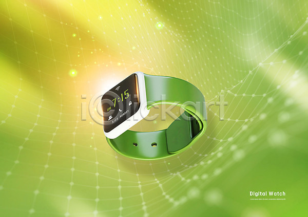 사람없음 3D PSD 편집이미지 디지털시계 손목시계 숫자 스마트기기 스마트워치 시계 와이파이 웨어러블 초록색 통화