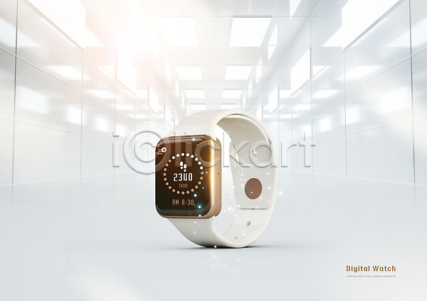 사람없음 3D PSD 편집이미지 디지털시계 발자국 손목시계 숫자 스마트기기 스마트워치 시계 웨어러블 조명 흰색