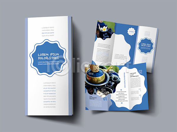 사람없음 INDD ZIP 인디자인 템플릿 3단접지 꽃 내지 리플렛 마사지 파란색 팜플렛 표지 표지디자인 피부