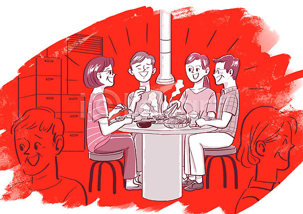 불쾌함 짜증 남자 여러명 여자 PSD 일러스트 가족 대화 빨간색 사회적거리두기 식당 외식 전신 탁자 환풍기