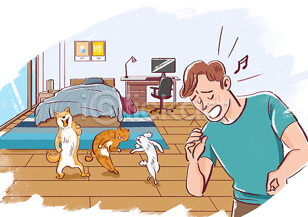 즐거움 남자 한명 PSD 일러스트 강아지 개 고양이 노래 반려 반려동물 방 사회적거리두기 상반신 세마리 주택 책상 춤 침대