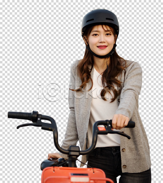 즐거움 20대 사람 성인 성인여자한명만 여자 한국인 한명 PNG 앞모습 편집이미지 건강 걷기 공유자전거 누끼 미소(표정) 상반신 운동 응시 자전거 잡기 편집 편집소스 헬멧