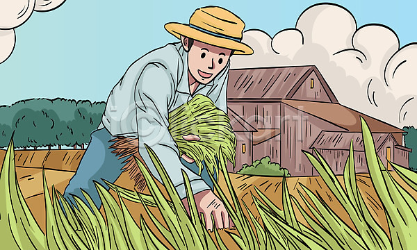 남자 성인 성인남자한명만 한명 AI(파일형식) 일러스트 농부 농업인의날 벼 수확 창고 초록색