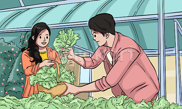 남자 두명 성인 성인만 여자 AI(파일형식) 일러스트 농부 농업인의날 바구니 비닐하우스 수확 채소 초록색