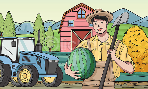남자 성인 성인남자한명만 한명 AI(파일형식) 일러스트 나무 농부 농업인의날 산 삽 상반신 수박 제철과일 창고 초록색 트랙터