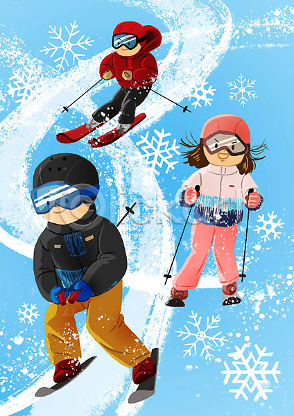 남자 세명 어린이 어린이만 여자 PSD 일러스트 겨울방학 눈(날씨) 눈꽃 눈보라 스키 스키복 전신 파란색