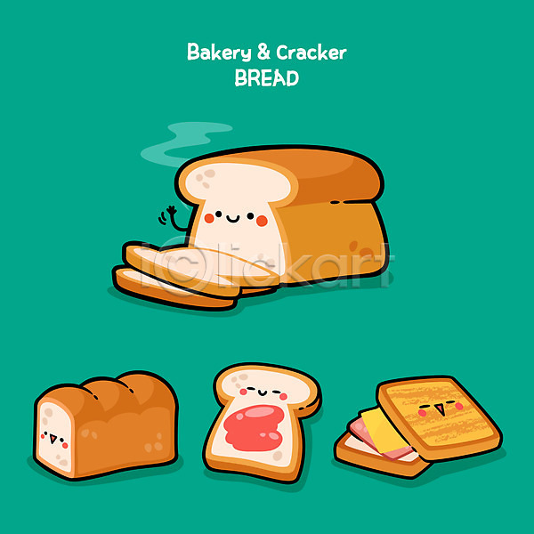 귀여움 사람없음 AI(파일형식) 일러스트 디저트 디저트캐릭터 빵 빵집 슬라이스 식빵 음식캐릭터 잼 초록색 토스트
