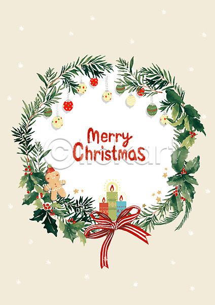 사람없음 PSD 일러스트 니스 리본 방울(장식품) 베이지색 산타클로스 잎 장식 초 쿠키 크리스마스 크리스마스리스 크리스마스장식
