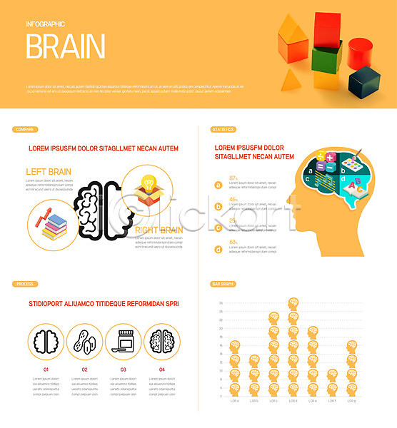 아이디어 사람없음 AI(파일형식) 일러스트 교구 교육 그래픽 나무블록 노란색 뇌 두뇌 두뇌개발 머리 인포그래픽 정보 주황색 창의력