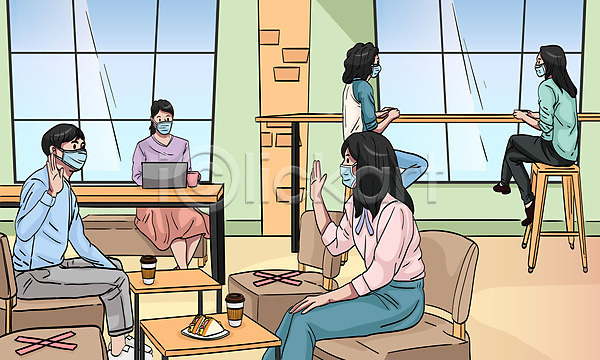 남자 여러명 여자 AI(파일형식) 일러스트 공공시설 노트북 델타변이바이러스 마스크 사회적거리두기 샌드위치 생활방역 생활수칙 의자 전신 카페 커피 코로나바이러스 탁자