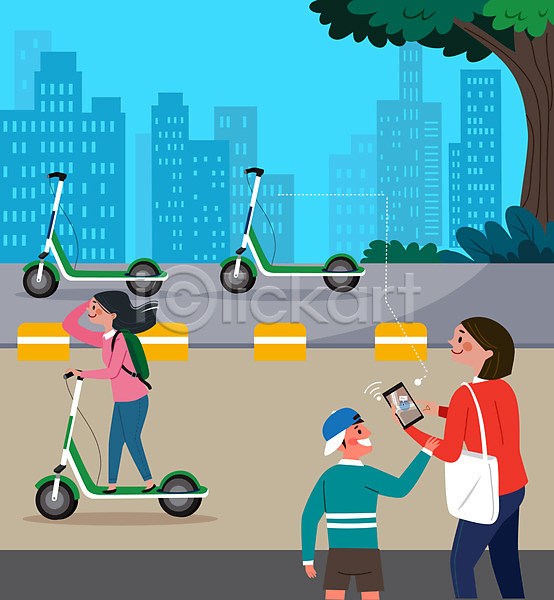 남자 사람 성인 세명 소년 어린이 여자 AI(파일형식) 일러스트 공원 공유 공유경제 나무 들기 모빌리티 모자(엄마와아들) 스마트폰 어플리케이션 전동퀵보드 전신 컬러풀 퀵보드