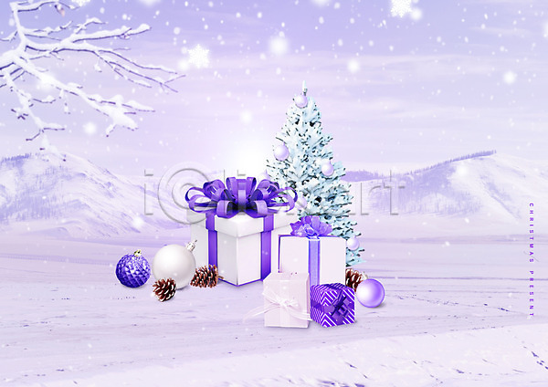 사람없음 PSD 편집이미지 나뭇가지 눈(날씨) 보라색 선물 선물상자 설원 오너먼트 장식볼 크리스마스선물 크리스마스장식 크리스마스트리