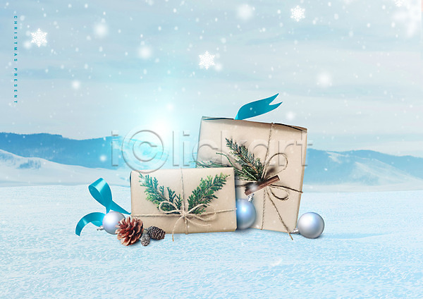 사람없음 PSD 편집이미지 나뭇가지 눈(날씨) 리본 선물 선물상자 설원 솔방울 솔잎 오너먼트 크리스마스선물 크리스마스장식 하늘색