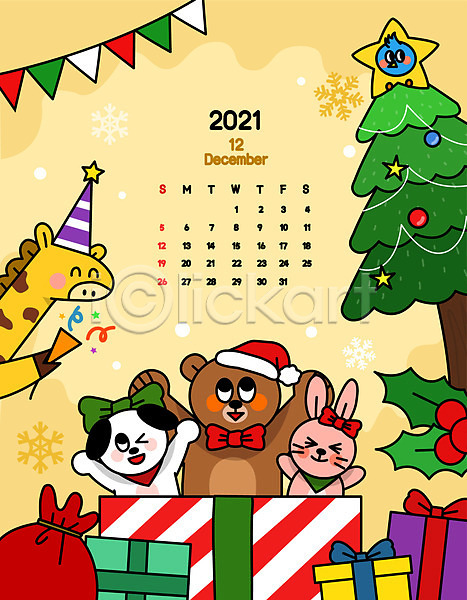 사람없음 AI(파일형식) 일러스트 12월 2021년 가랜드 강아지 겨울 고깔(모자) 곰 기린 나무 달력 동물 리본 별 산타모자 선물 신축년 여러마리 컬러풀 크리스마스 토끼