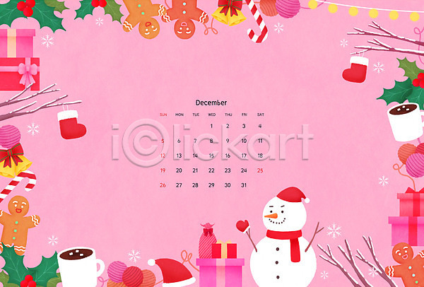 사람없음 PSD 일러스트 12월 2021년 겨울 눈(날씨) 눈사람 달력 막대기 목도리 분홍색 산타모자 선물상자 양말 종 진저맨 코코아 크리스마스장식