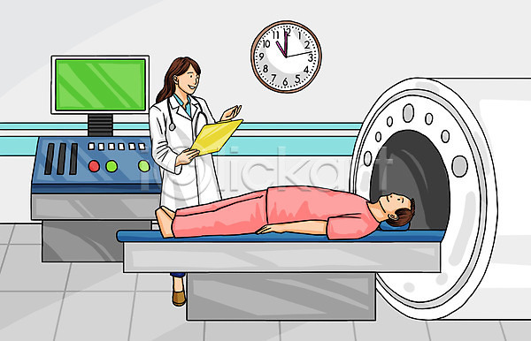 남자 두명 사람 성인 여자 PSD 일러스트 MRI 건강검진 눕기 들기 병원 서류판 시계 의료기기 의사 전신 진찰기록부 컬러풀 컴퓨터 환자