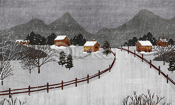 사람없음 PSD 일러스트 겨울풍경 길 나무 눈(날씨) 마을 산 울타리 주택 흰색