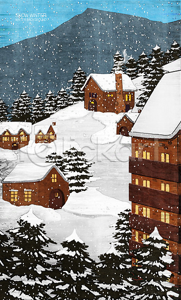 사람없음 PSD 일러스트 겨울풍경 나무 눈(날씨) 마을 빛 산 주택 흰색