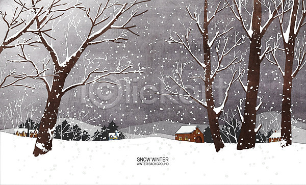 사람없음 PSD 일러스트 겨울풍경 나무 눈(날씨) 주택 회색 흰색