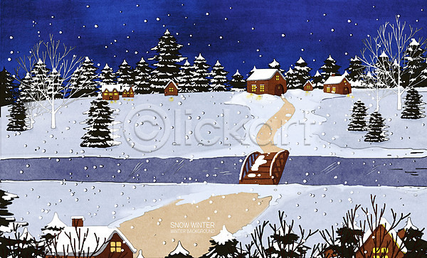 사람없음 PSD 일러스트 강 겨울풍경 나무 눈(날씨) 다리(건축물) 마을 빛 야간 언덕 주택 흰색