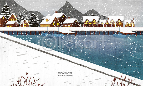 사람없음 PSD 일러스트 겨울풍경 눈(날씨) 마을 주택 호수 흰색