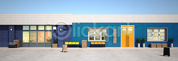 사람없음 3D PSD 디지털합성 편집이미지 간판 거리 건물 목업 목재 문 복고 상업시설 상점 입간판 창문 파란색 플라스틱의자