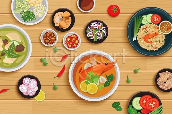 사람없음 EPS 일러스트 해외이미지 나무바닥 메뉴 볶음밥 새우 세트 요리 접시 태국음식 토마토 허브