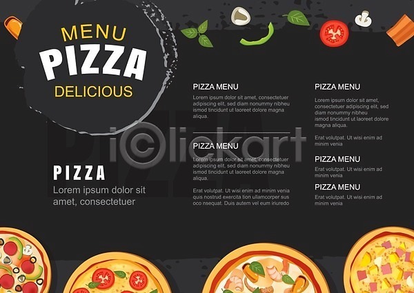 사람없음 EPS 일러스트 해외이미지 검은색 메뉴 메뉴판 양송이 요리 음식 이탈리아음식 토마토 피자