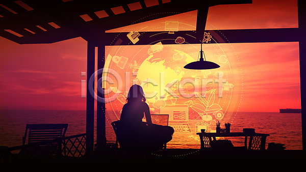 성인 성인여자한명만 여자 한명 JPG 실루엣 포토 해외이미지 노트북 바다 빨간색 상반신 앉기 여름(계절) 여행 의자 일몰 작업 저녁 탁자 풍경(경치) 홀로그램 휴가 휴양지