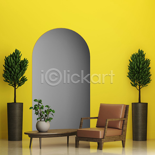 사람없음 3D PSD 디지털합성 편집이미지 2021년 노란색 벽 얼티메이트그레이 의자 인테리어 일루미네이팅 탁자 트렌드컬러 편집 편집소스 화분 회색