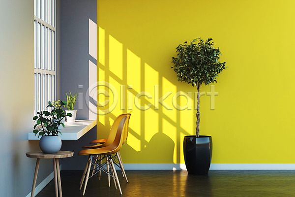 사람없음 3D PSD 디지털합성 편집이미지 2021년 노란색 벽 얼티메이트그레이 의자 인테리어 일루미네이팅 창가 트렌드컬러 편집 편집소스 화분 회색