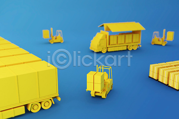사람없음 3D PSD 디지털합성 편집이미지 노란색 배송 지게차 택배상자 트럭 편집 편집소스 화물트럭