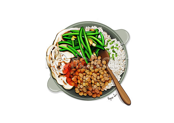 사람없음 PSD 일러스트 그릇 나무숟가락 밥 비건음식 소스(음식) 수저 완두콩 채식주의 콩 콩고기
